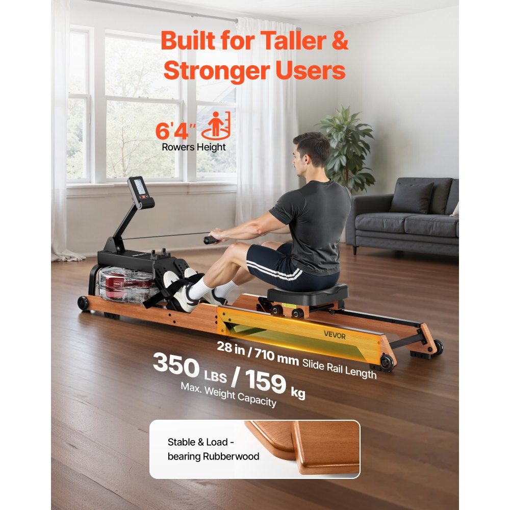 Rowing Machine 6 Level Quiet Resistance, Foldable Wooden Water Rowing Machine mit 14-l-Wassertank and LCD Monitor, Bluetooth App Compatible, 158kg Weight Capacity, Immersive Rowing Machine