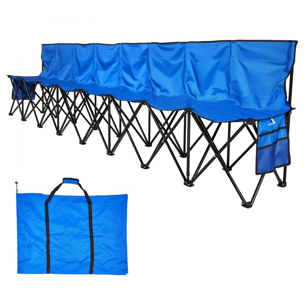 Portable Team Bench, Camping Bench (8 Person) with Side Pockets and Carry Bag, Folding Bench with Backrest, Side Bench for Football, Baseball, Outdoor Activities, Blue
