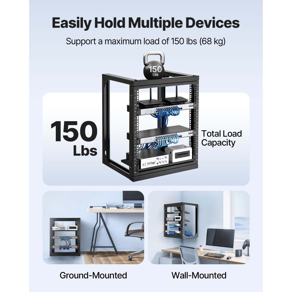 12U Wall Mount Server Rack 150 Pound Maximum Load Capacity Open Frame Network Rack und 180-Grad-Swivel Door Carbon Steel for 19" IT Network Equipment and AV Equipment Computer Server Black