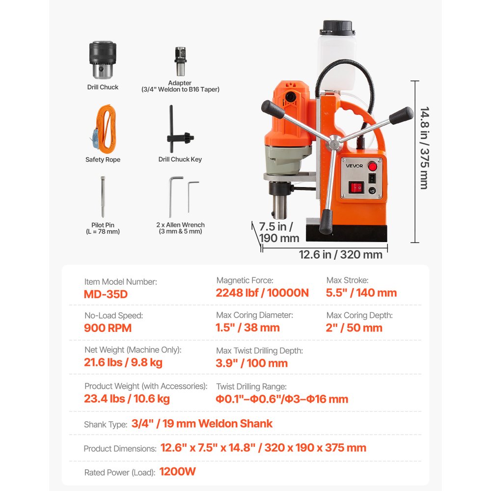 Magneetboor 1200 W 38 mm boordiameter, 10000 N Power Mag boorsysteem, 900 tpm toerental met Weldon-as en efficiënte koeling, voor metalen oppervlakken, industrie, doe-het-zelvers Magneetboor 1200 W 38 mm boordiameter, 10000 N Power Mag boorsysteem, 900 tpm toerental met Weldon-as en efficiënte koeling, voor metalen oppervlakken, industrie, doe-het-zelvers