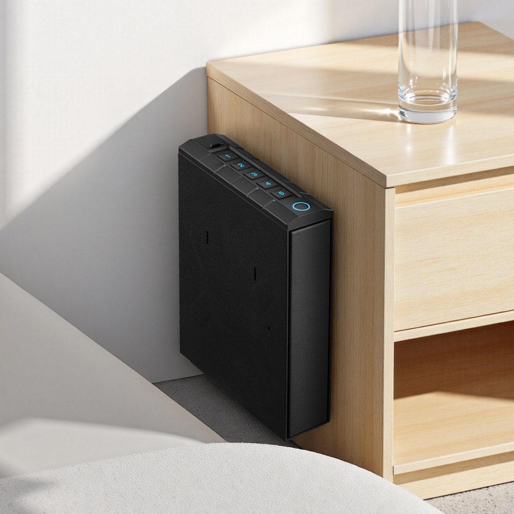 Gun safe gun safe with fingerprint/password (five digits)/key, gun safe gun case with lighting for 1 gun and magazine, 23 x 7 x 32 cm gun box for the bedside table