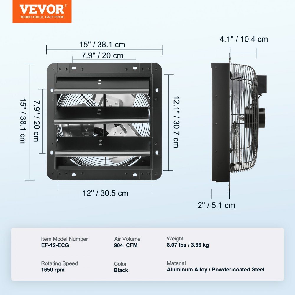 Exhaust Fan 305mm Temperature and Humidity Controller EC Motor 904 CFM Variable Speed ​​Control Wall Fan Ventilation and Cooling for Greenhouses Garages