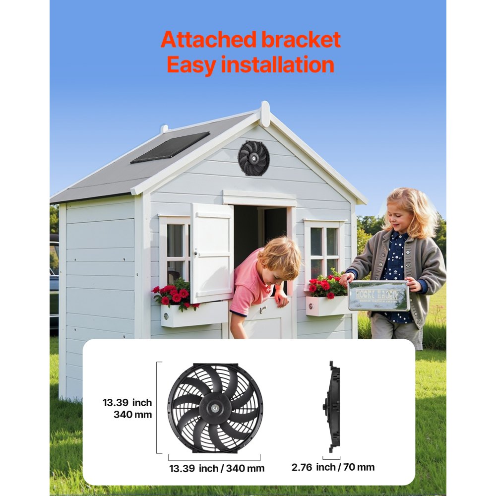 Zonneventilator, ventilatie, ventilator, Φ340x70mm, zolderafzuigventilator met verstelbare thermostaat, buitengrille, 1300 CFM luchtstroomcapaciteit, voor gevel, dak, garage, werkplaats