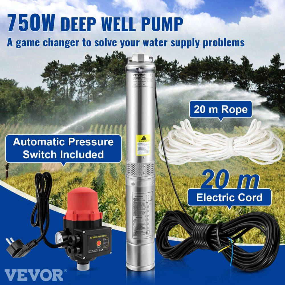 88 mm Tiefbrunnenpumpe 750W Brunnenpumpe 105L/min Tauchpumpe max. Förderhöhe 62m Rohrpumpe 230V 50Hz Sandpumpe IP68 Wasserpumpe 11 Laufradstufen Pumpe Ideal zur Bewässerung oder Wasserversorgung