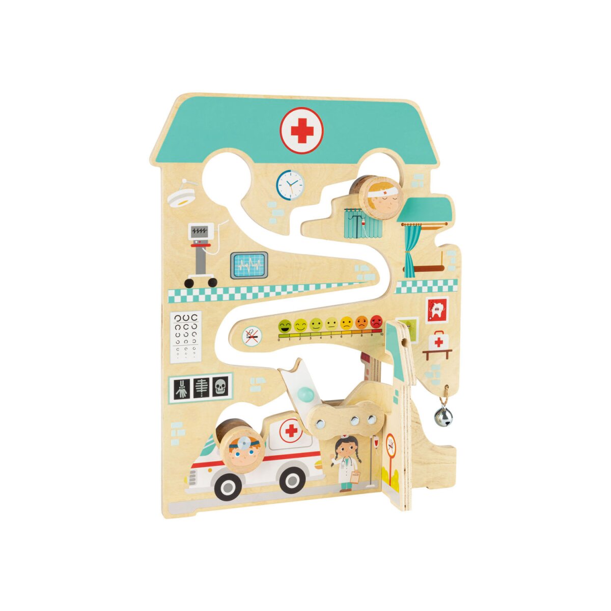 Playful labyrinth game, playable on both sides (fire department and hospital)