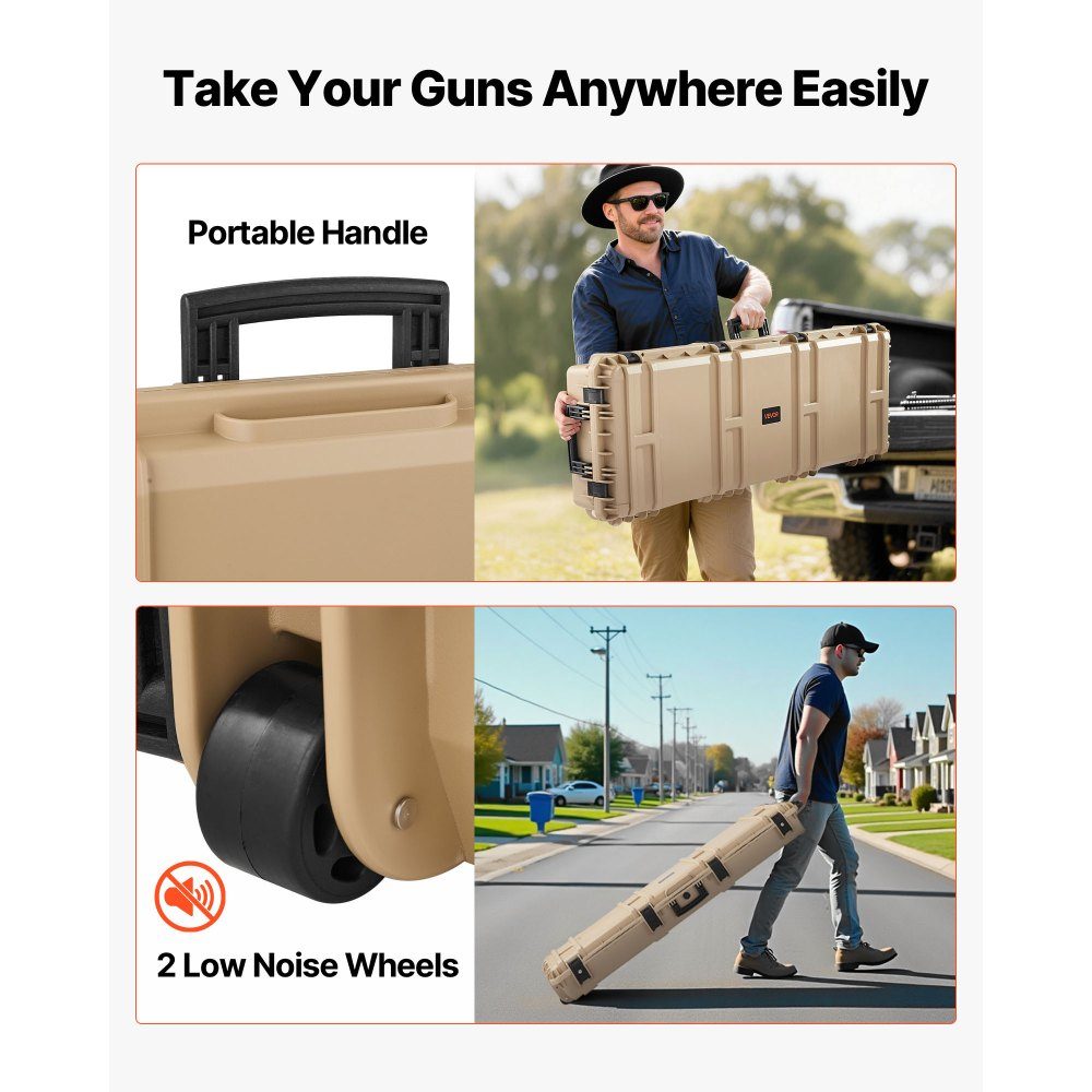 Hard Shell Gun Case for Long Guns, Lockable Gun Case with Pre-Cut Foam, Long Gun Case, Gun Storage, Rollable, IP67 Waterproof, 55" x 17" x 7.5", Khaki