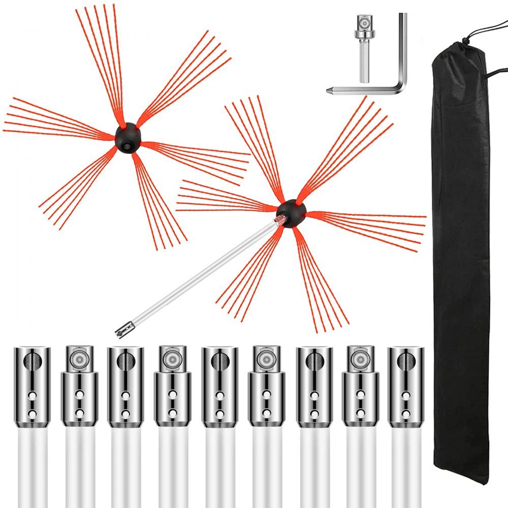Schornsteinfeger, Schornsteinfegerbesen, 10 m, weißer Nylon-Kaminbesen, Ofenrohrbürste, professioneller Schornsteinfegerbesen 30 mm Bürstenlänge mit einem zusätzlichen Bürstenkopf, Schornsteinreiniger