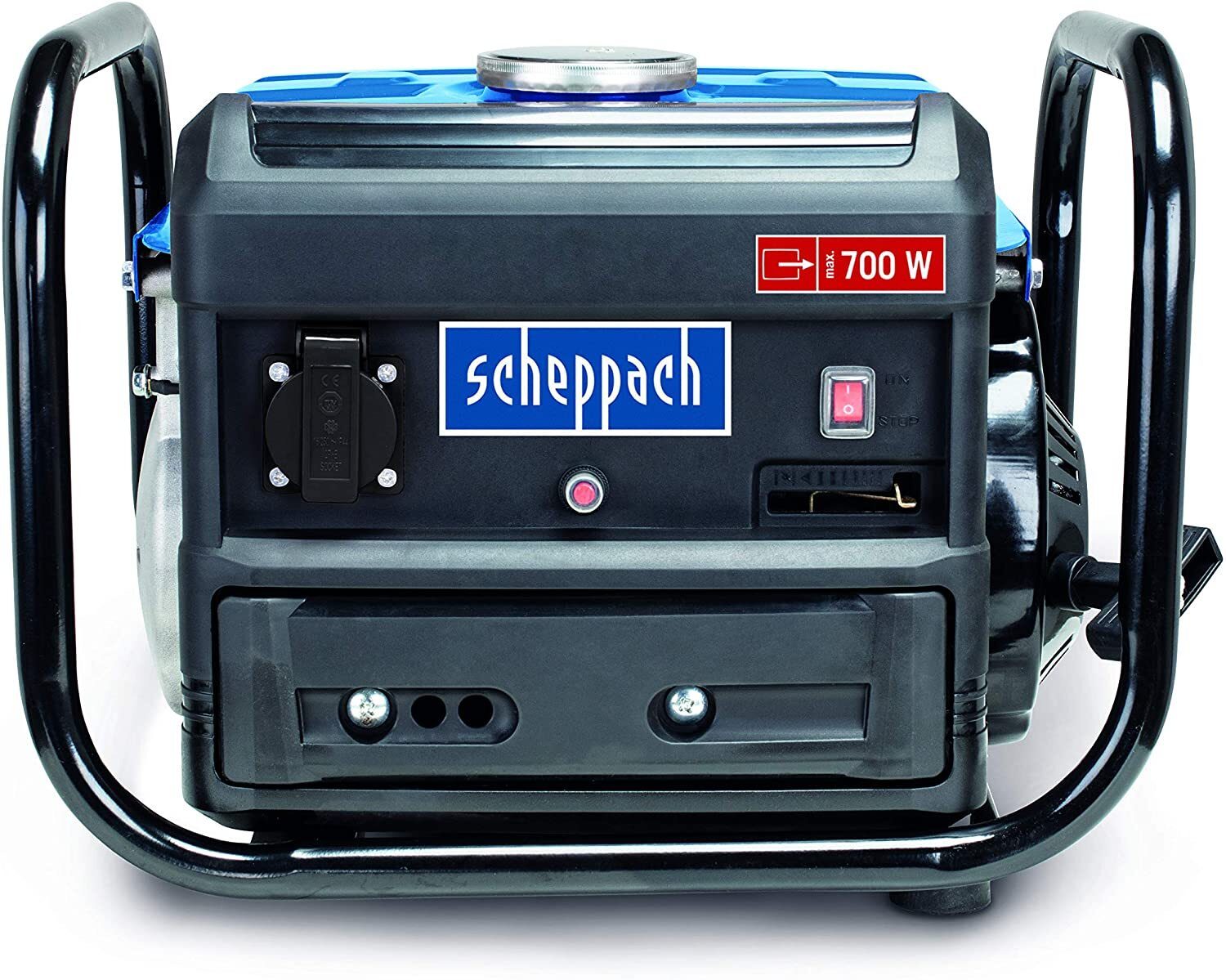 Scheppach Benzingenerator (Stromerzeuger max. 700 W, 4 Liter Tank, leicht und kompakt, einfacher Transport des Notstromaggregats, Gummifüße, Tragegriff, Seilzugstarter)