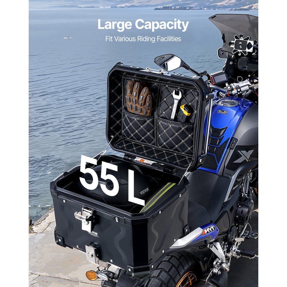Motorrad-Topcase, Motorradkoffer, 55 l, Aluminiumlegierung, Heckbox mit Lederfutter, abnehmbare Motorrad-Topbox mit Schloss und Rückenpolster, Helmkoffer (470 x 430 x 367 mm), Schwarz