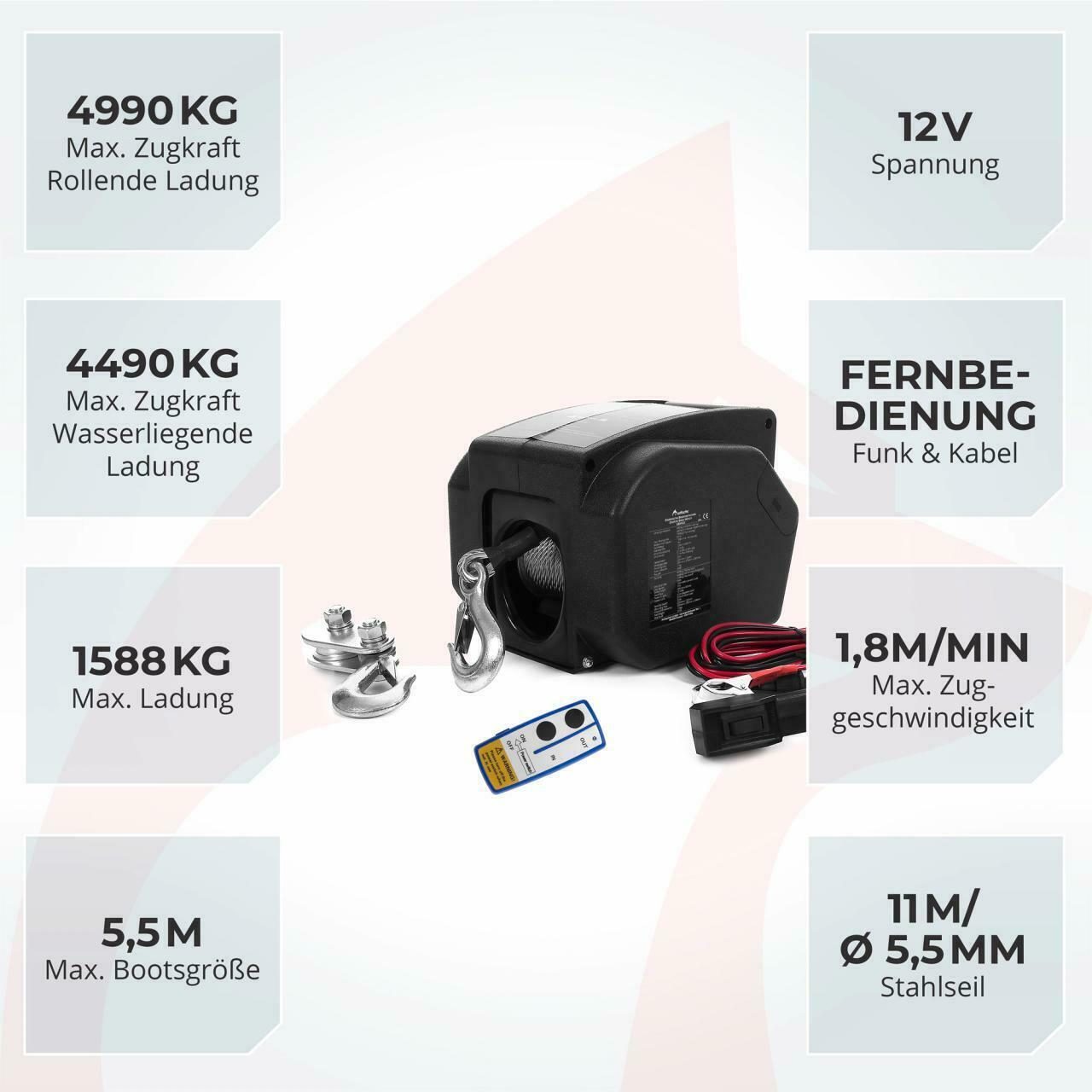 Elektrische Winde 12V bis 4990 KG mit Funk Bootswinde Windenmotor Windenseilzug