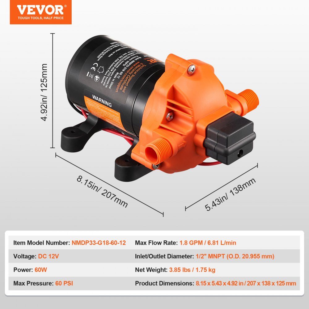 12-V-Membranpumpe, 6,81 l/min, 3-Kammer-Gleichstrom-Wasserpumpe mit automatischem Druckschalter, 40–100 PSI, verstellbar, 60 PSI, 1/2 Zoll MNPT-Anschluss für Wohnmobil, Yacht, Food Truck, Camper, Marine