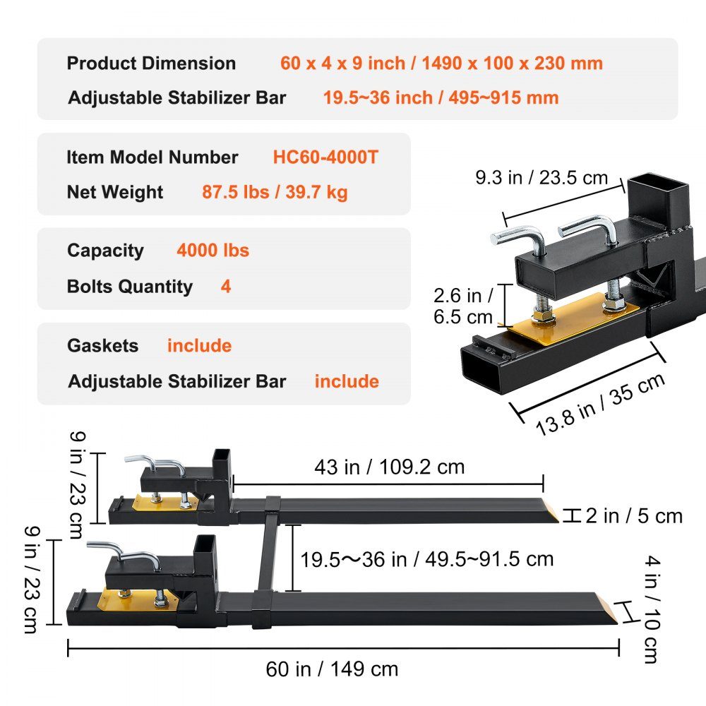 Palettengabel 1490x100x230mm Gabelträger 1814kg Tragkraft Gabelzinken 149cm Gesamtlänge mit 109,2cm Gabelblatt Gabelstapler 495-915mm verstellbare Gabelzinken Frontlader Palettenrahmen
