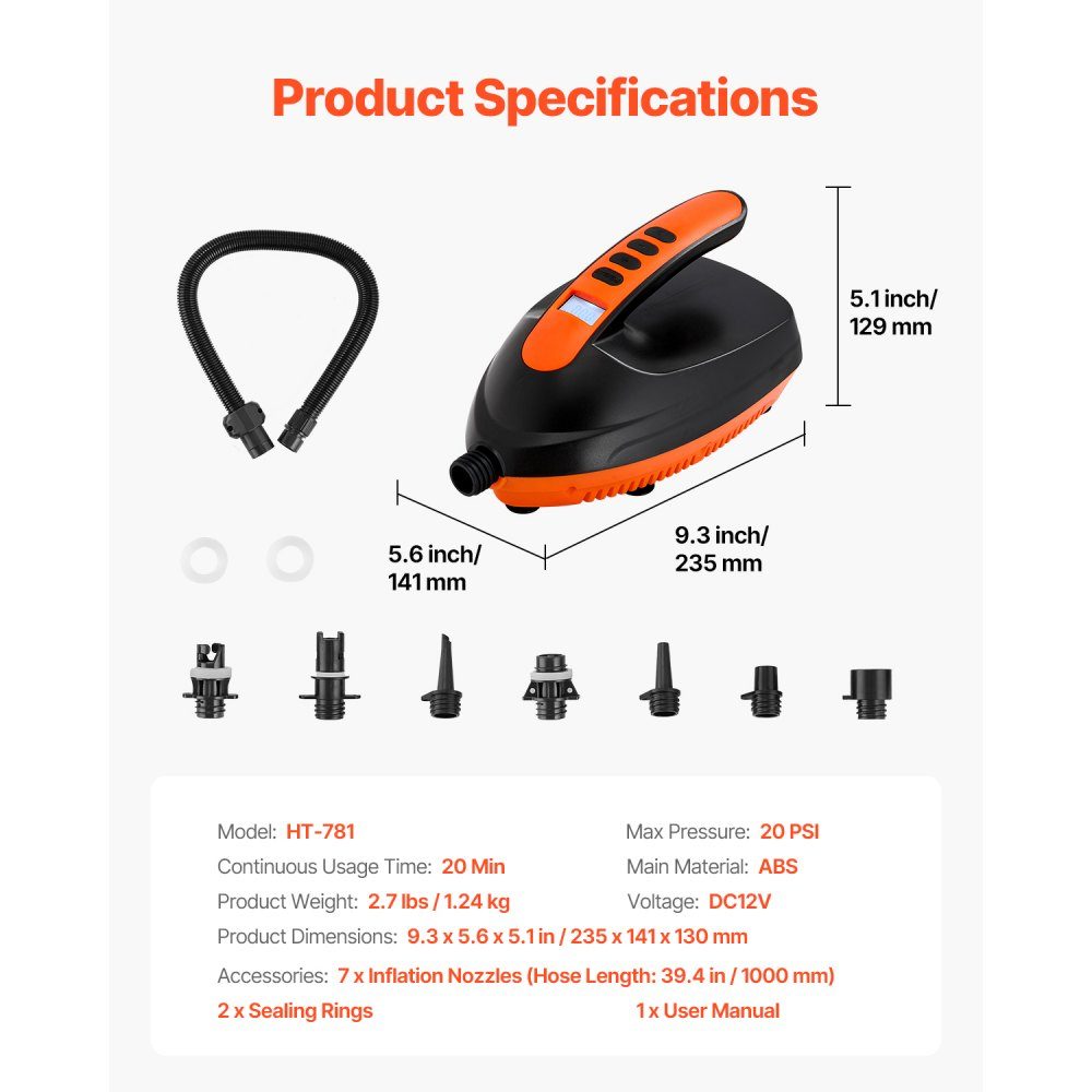 Pompka do paddleboardu (20 PSI), elektryczna pompa powietrza SUP z prędkością napełniania 70 l/min, automatyczne wyłączanie i 12-V-Gleichstromanschluss, inflacja idealna do nadmuchiwanych namiotów do paddleboardu