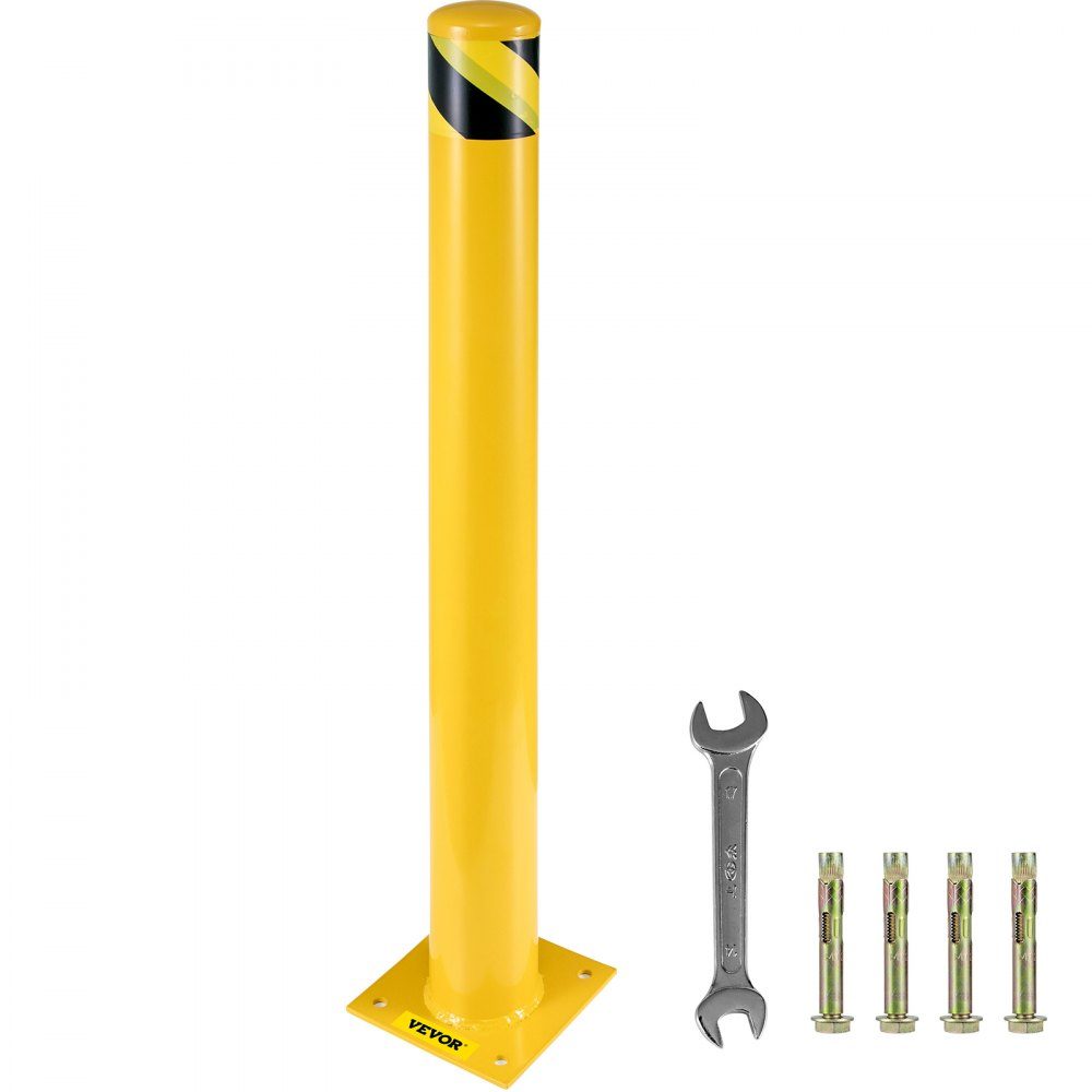 Borne de sécurité, poteau en acier, hauteur 122 cm, profondeur 14 cm, signalisation jaune, barrière tubulaire en acier