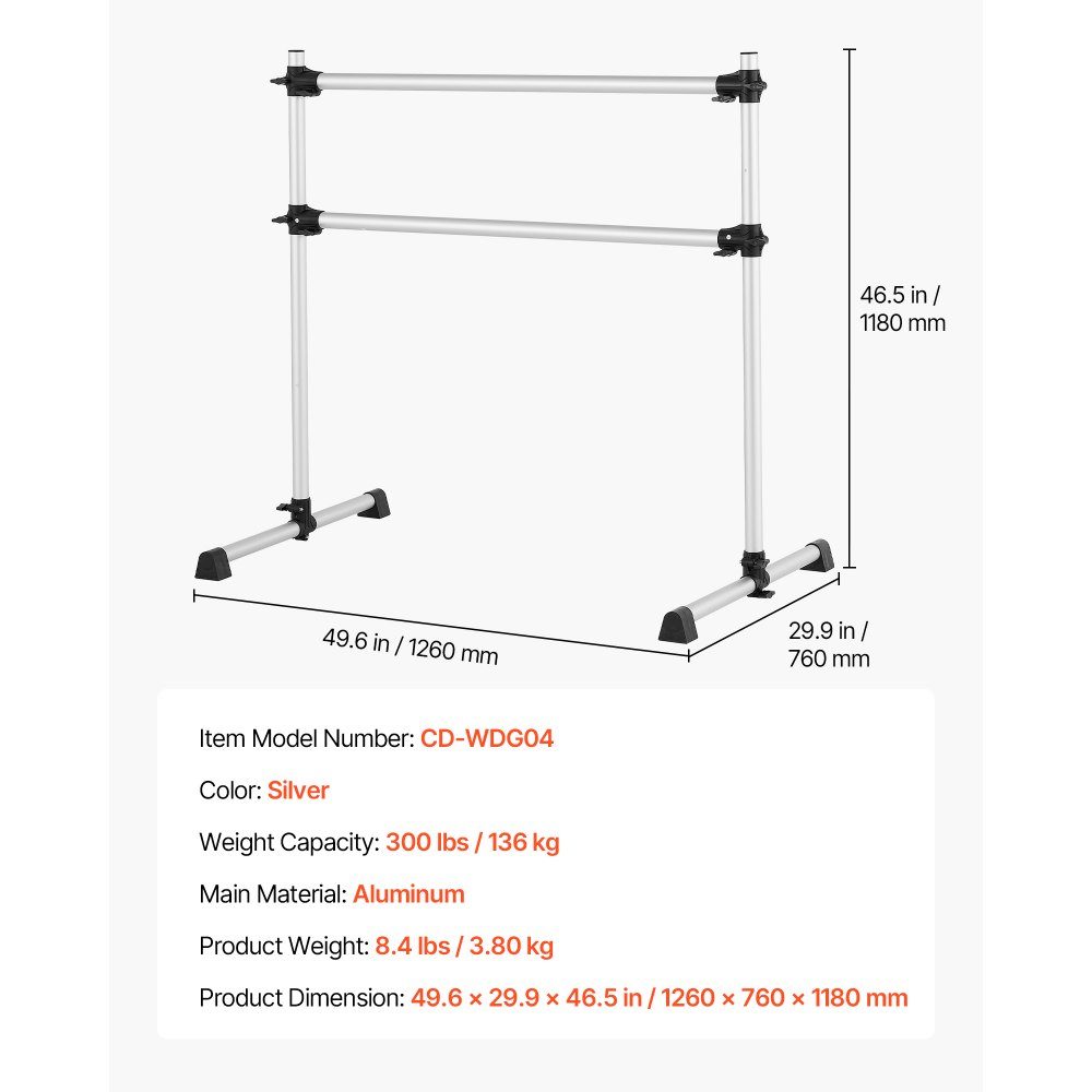 Ballet bar dance bar free-standing double bar (136 kg load capacity), height adjustable (170-1165 mm) stretching bar made of aluminum for ballet, balance training, relaxation exercises