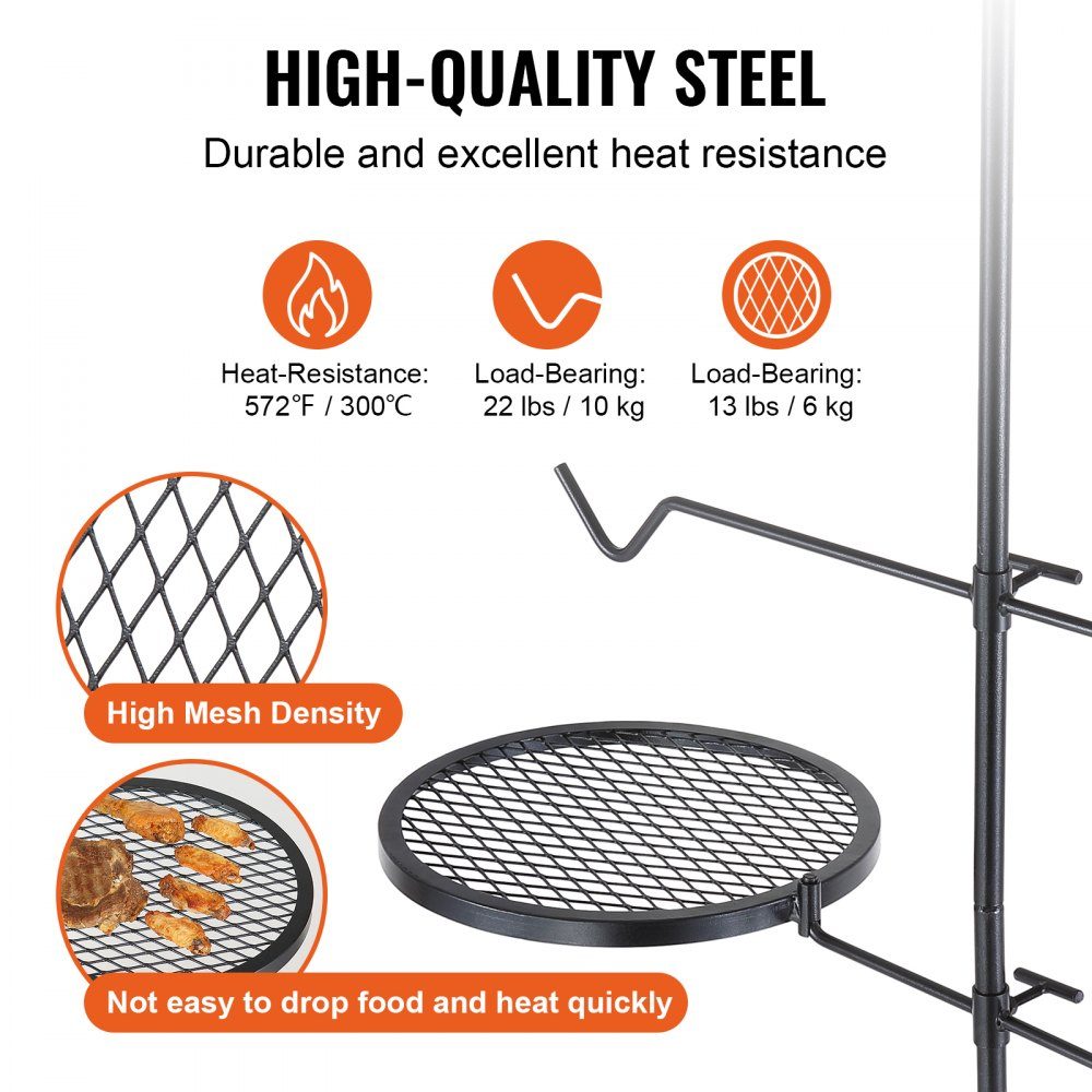 Drehspieß-Schwenkgrill aus Stahl 360 x 360 mm, Holzkohlegrill, doppellagiger Grillrost, Grillrost, 6 kg Tragkraft, 300 ℃, freistehender Spießbratengrill, BBQ-Grill, Grillwagen, Grill im Freien
