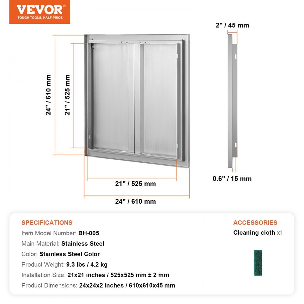 Grilltoegangsdeur 610x610mm Dubbele buitenkeukendeur Inbouw roestvrijstalen deur Verticale muurdeur met intrekbare handgrepen voor grilleiland Grillstation Buitenkast