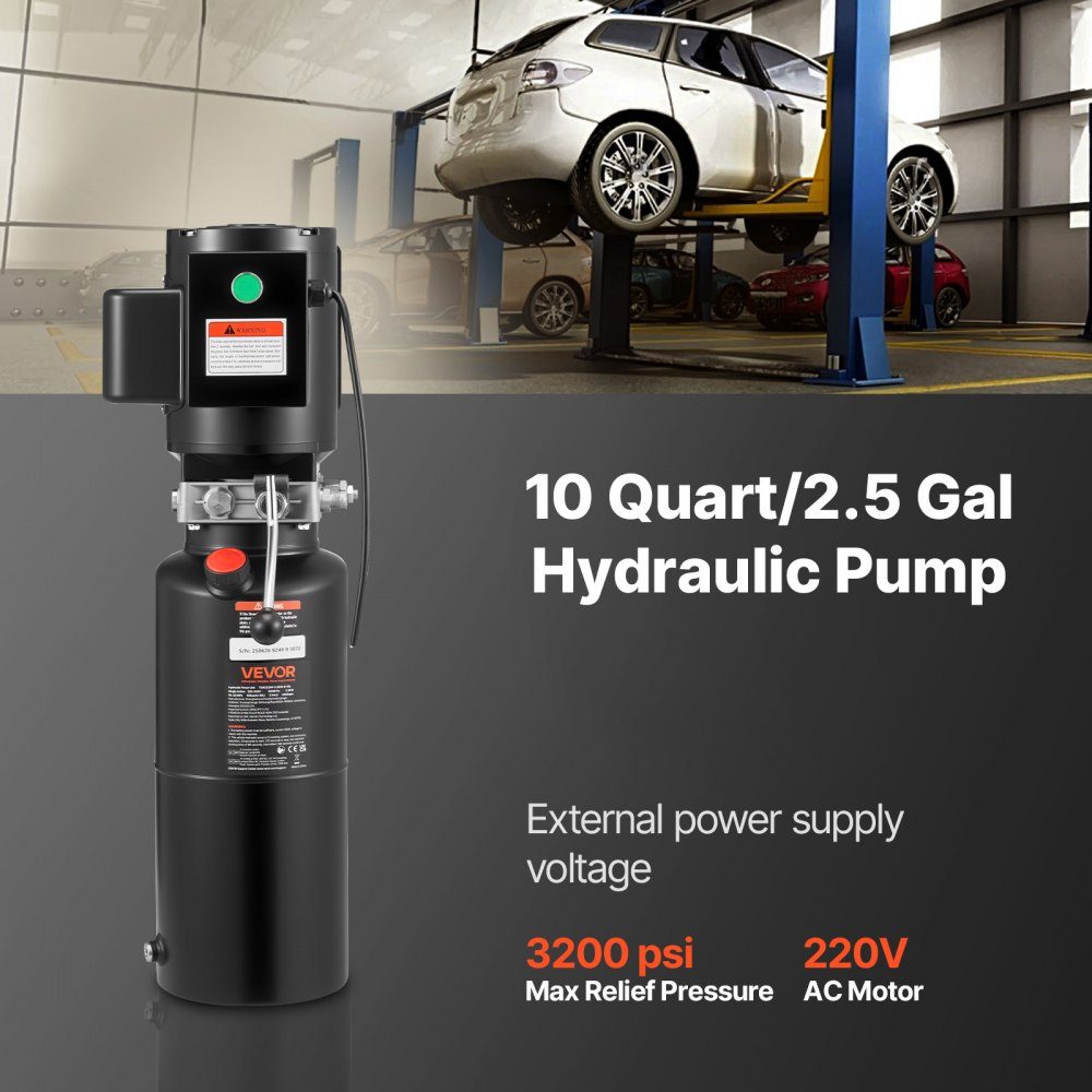 Hydraulic Pump Hydraulic Units AC 220V, 10Qt Single Acting Hydraulic Unit, 6.3L/min Oil Flow, Max Delivery Pressure 22MPa for Dump Trucks, Automotive Workshops, Lifts, Black