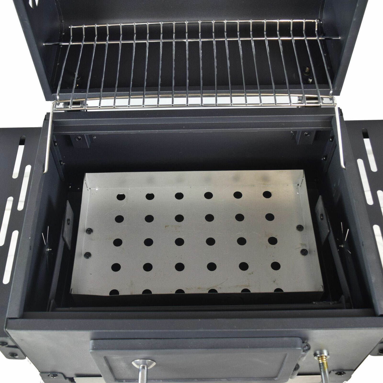 BBQ-Holzkohlegrill-Smoker-Set mit Deckel, höhenverstellbar, 2 Seitenablagen
