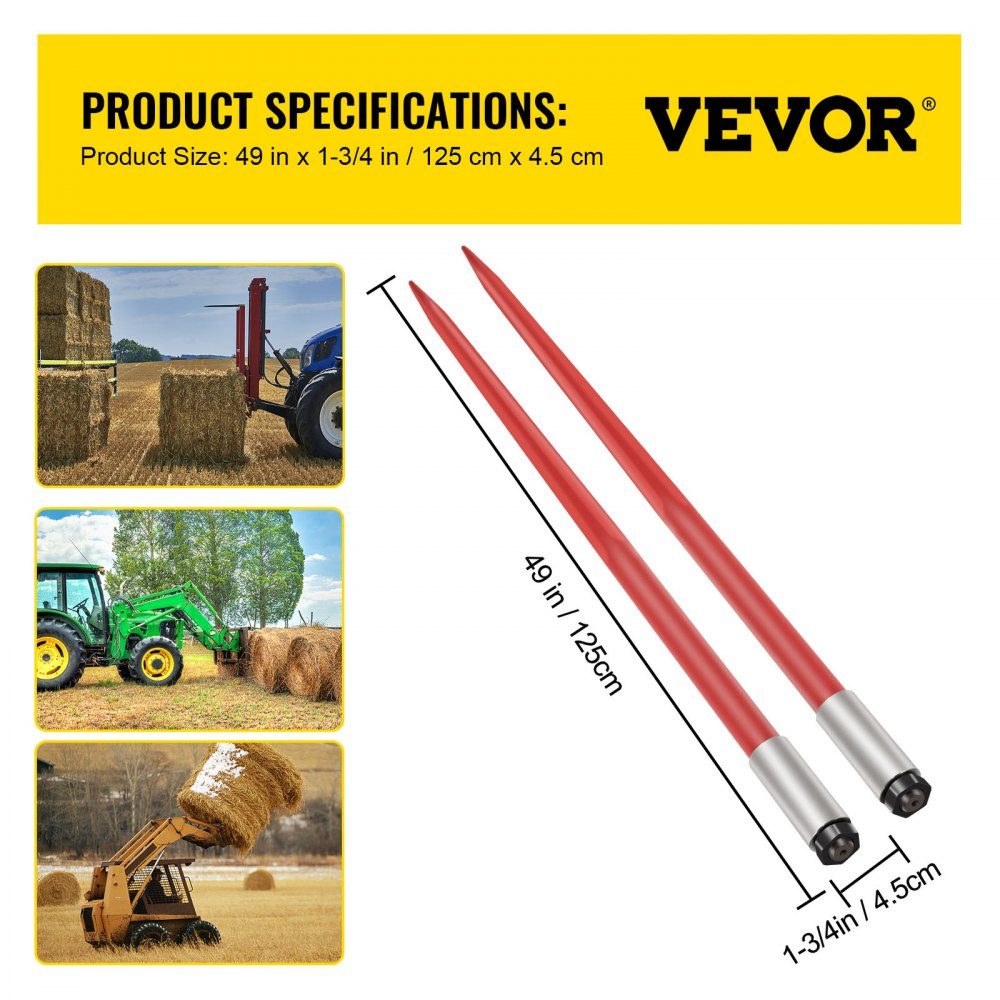 Front loader tines 125 cm, bale tines 2041 kg load capacity, bale spike quick attachment, red coated bale forks, with hexagon nut and sleeve for shovels, tractors, loaders