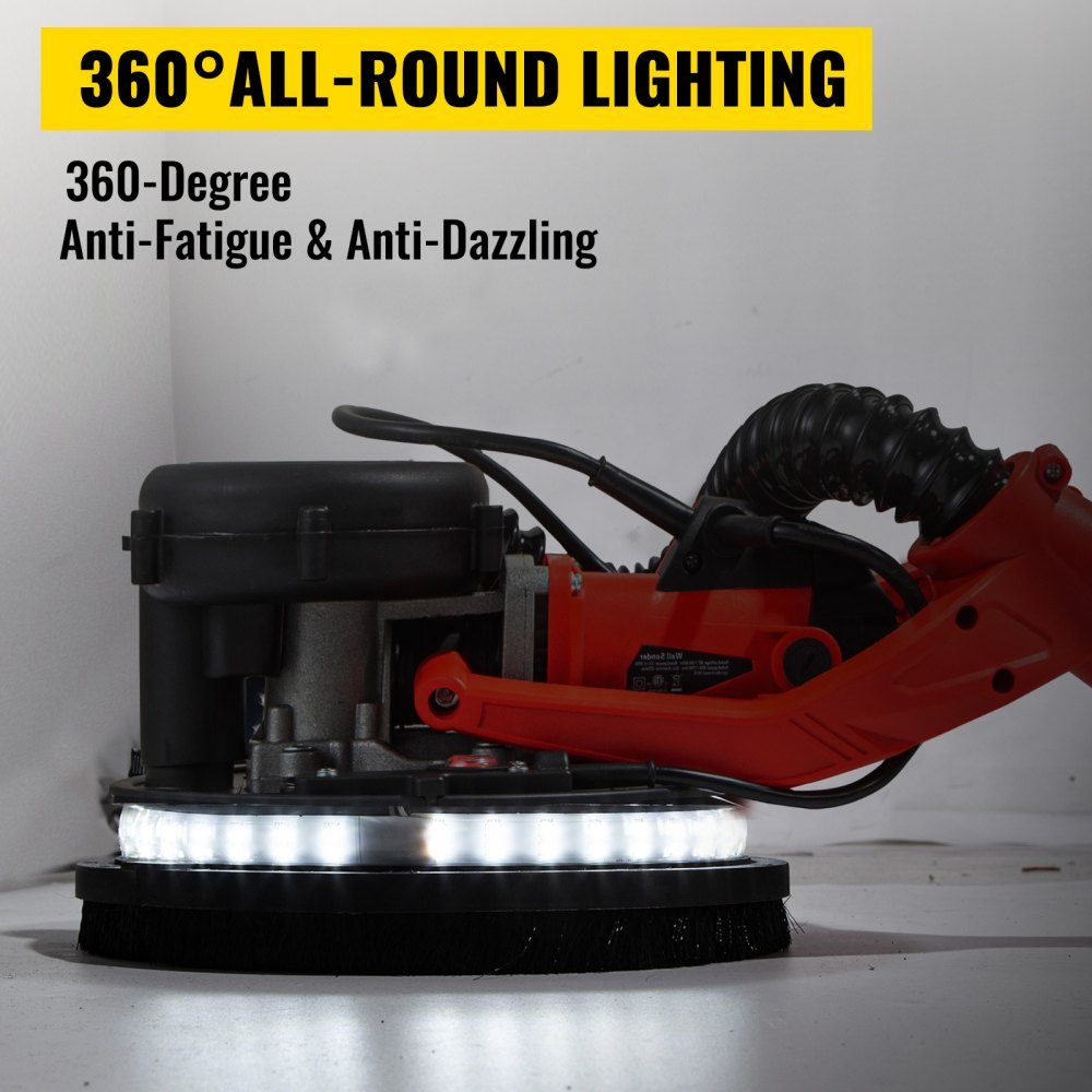 Roterende muurschuurmachine 750W, opvouwbare gipsplaatschuurmachine met telescoopsteel, variabel toerental 800-1750 tpm, muurschuurmachine met LED-lichtbalk en stofzak