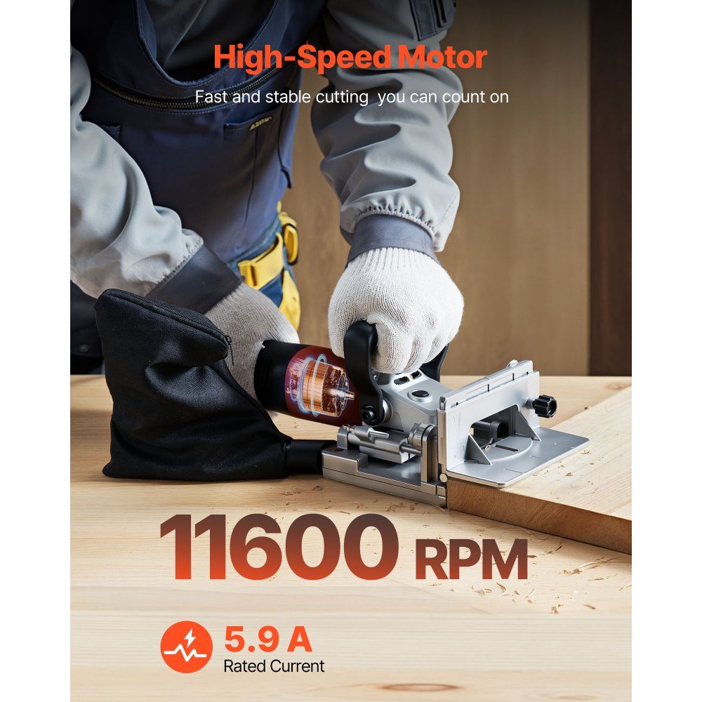 Flachdübelfräse, 5,9 A, 230 V Netzbetrieb, Nutfräse mit 760-W-Motor (11.600 U/min), Hartmetall-Fräskopf, Staubbeutel, Winkel & Tiefe verstellbar, für die Holzbearbeitung