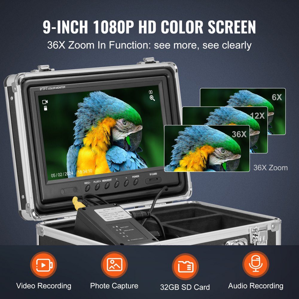 Sewer Camera with 512-Hz- Locator, 50m Self-Leveling Pipe Inspection Camera with 9" 1080P HD Screen, 36x Zoom, Pipe Camera with 12 LEDs, 32GB SD Card, for Sewer Pipes