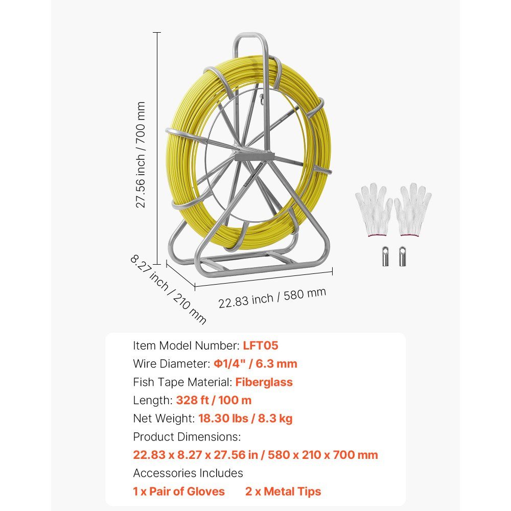 Fiberglas-Kabelrad 100 m Ø6,3 mm Fiberglasstab, Fischband mit Ständer, Kabeleinzugshilfe mit Markierungen, Kabeleinfädler, Kabelzieher für Wände & Elektroinstallationsrohre, nicht leitend