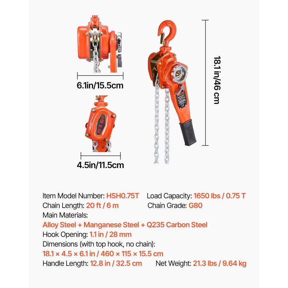 Lever Hoist, 3/4T Load Capacity Hand Chain Hoist, 6m Stroke, G80 Steel Alloy Chain with Mechanical Double Pawl Brake, 360° Swivel Hook, Ratchet Hoist for Warehouse, Construction and Garage
