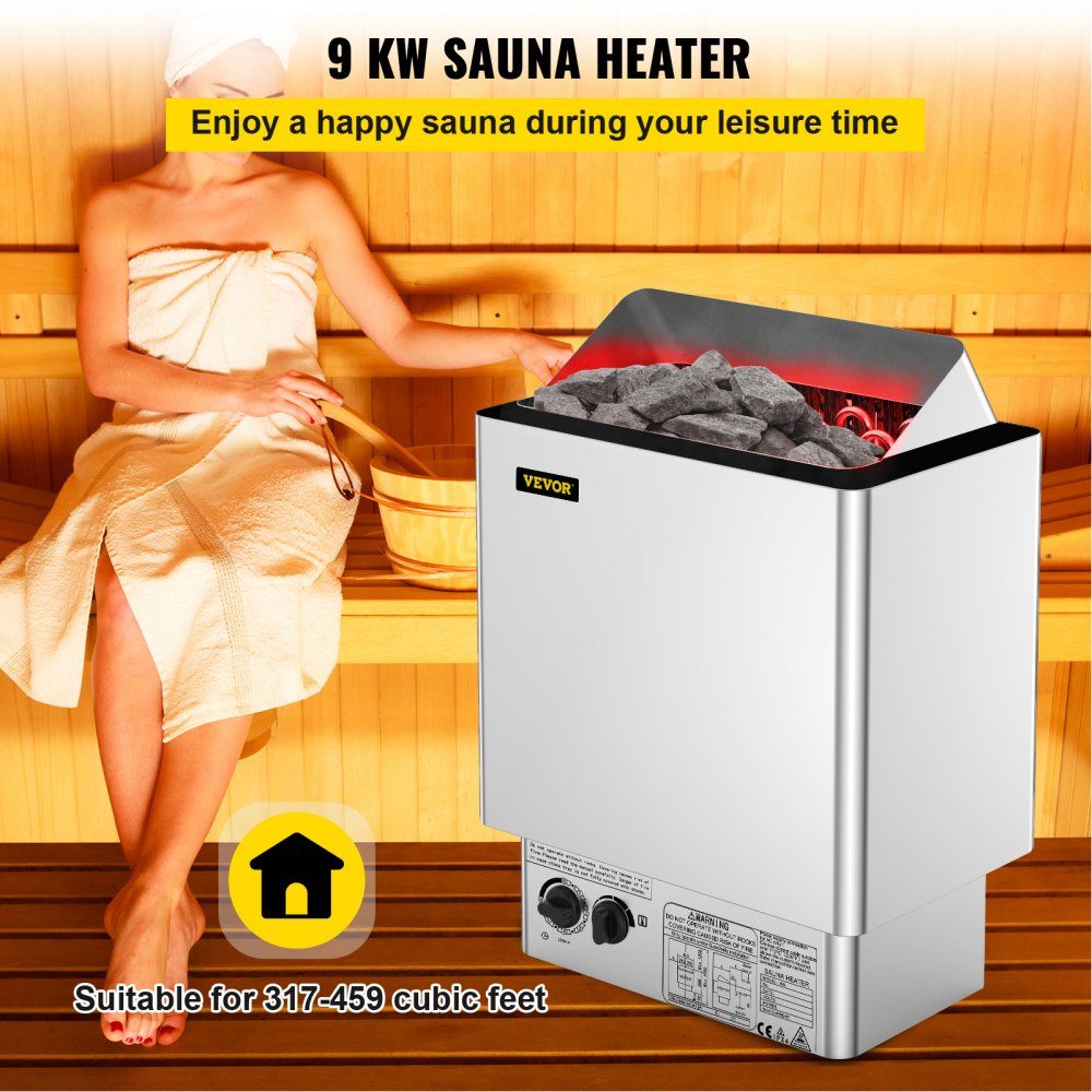 Saunaofen 9 KW, Sauna-Elektroherd 380 V - 415 V, Edelstahl-Saunaofen 20 kg Saunasteine, elektrischer Saunaofen 2 Modi (Temperatur, Zeit), für 9-13 m³ Saunaraum, 190 cm Höhe, mit Wandhalterung