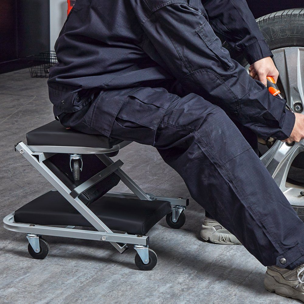 2 in 1 car workshop rolling board, workshop lounger, assembly lounger, workshop stool, 915 x 415 x 128 mm, assembly rolling board seat, steel + vinyl, 360° rotating wheels, folding seat, load capacity up to 136 kg, rolling lounger