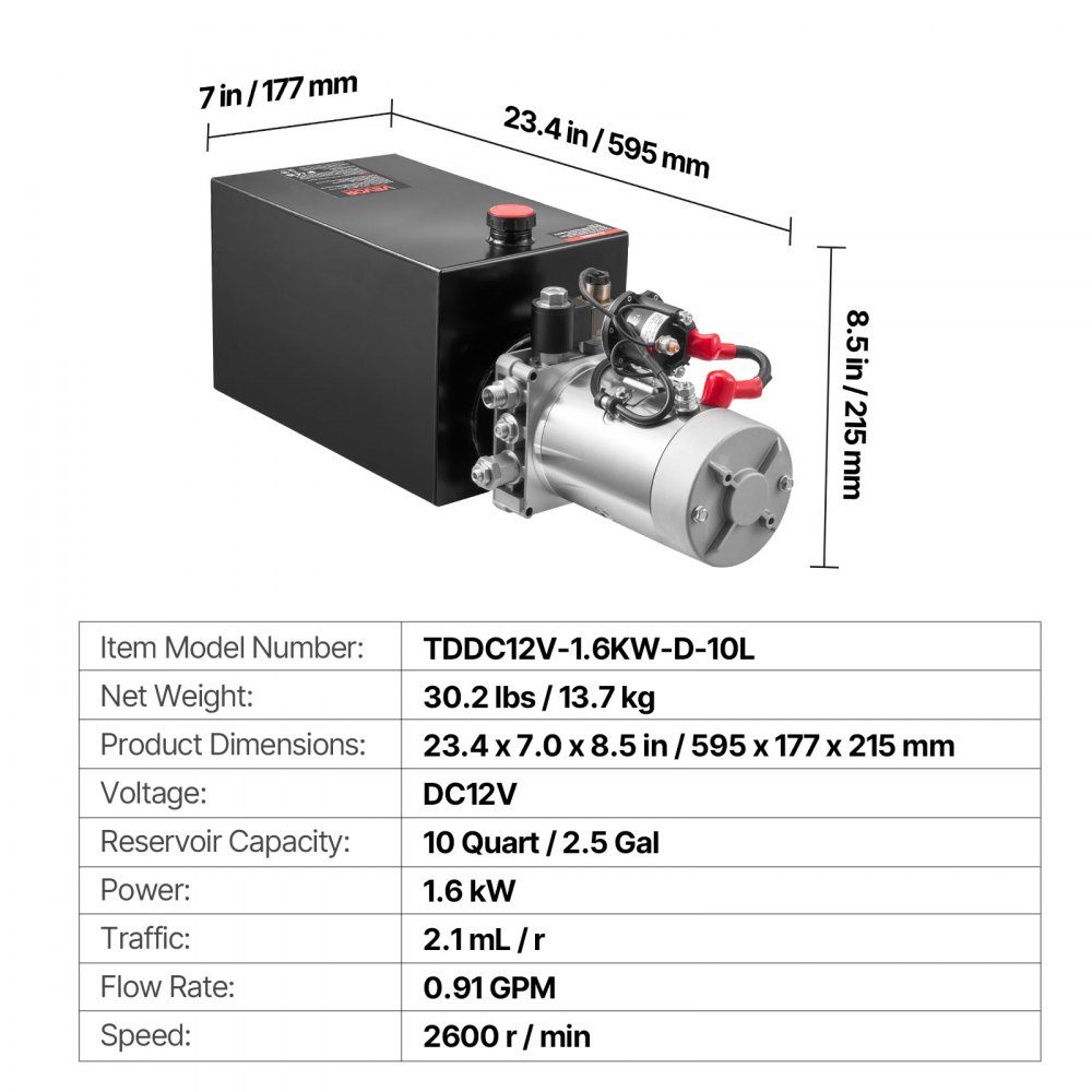 Groupe hydraulique 10 Qt pompe à benne basculante simple effet, pression d'ouverture maximale 22 MPa et débit 3,4 L/min, pompe hydraulique 12 V DC avec conteneur métallique pour remorque benne noir