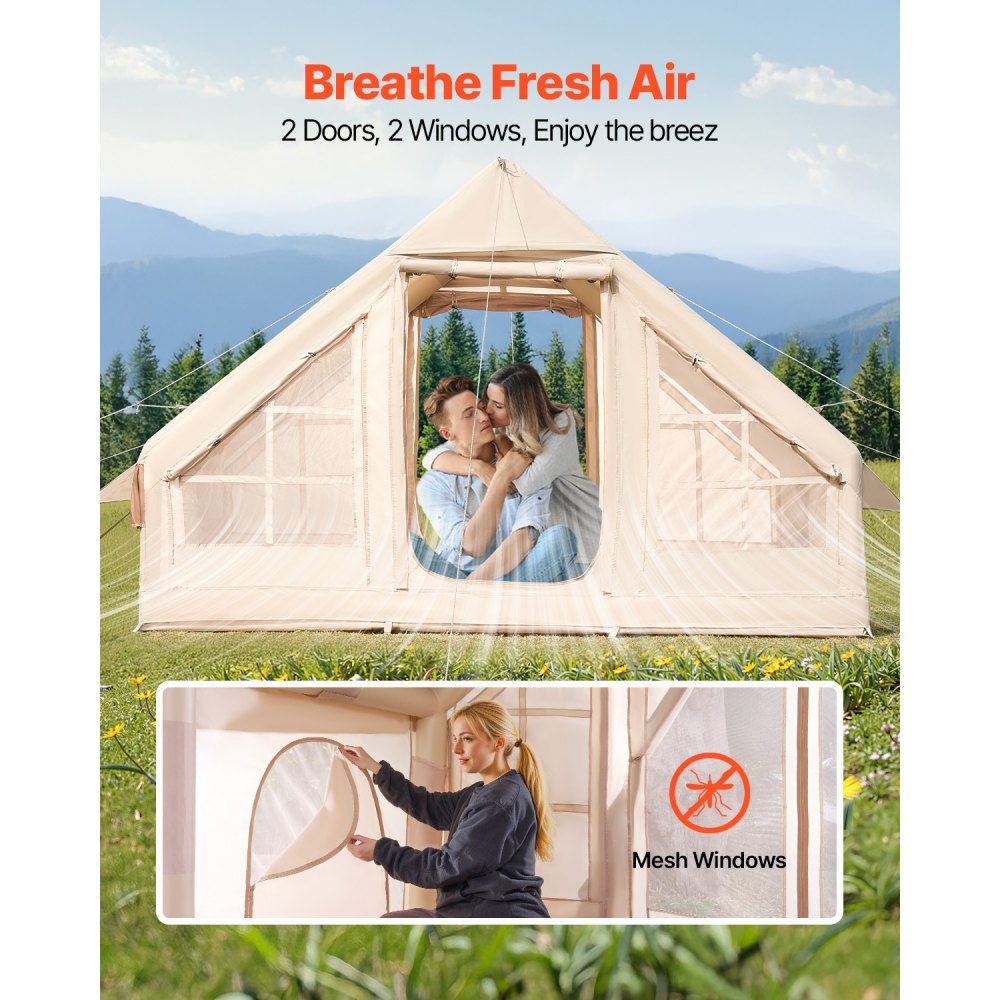 Inflatable Camping Tents 3x2x2m 3-5 Person 300D Oxford 4 Season Glamping Tent with Hand Pump, Stove Connection, 2 Doors and 2 Mesh Windows, Includes Storage Bag for Transport