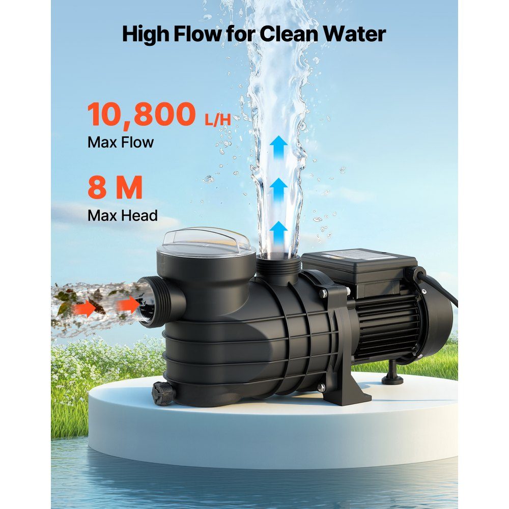Schwimmbadpumpe 180 W, Filterpumpe 10.800 L/H max. Förderleistung, einstufige Poolpumpe, 2850 U/min, 8 m max. Förderhöhe, mit Filterkorb & Deckel, für Aufstellbecken, Pools & Spas