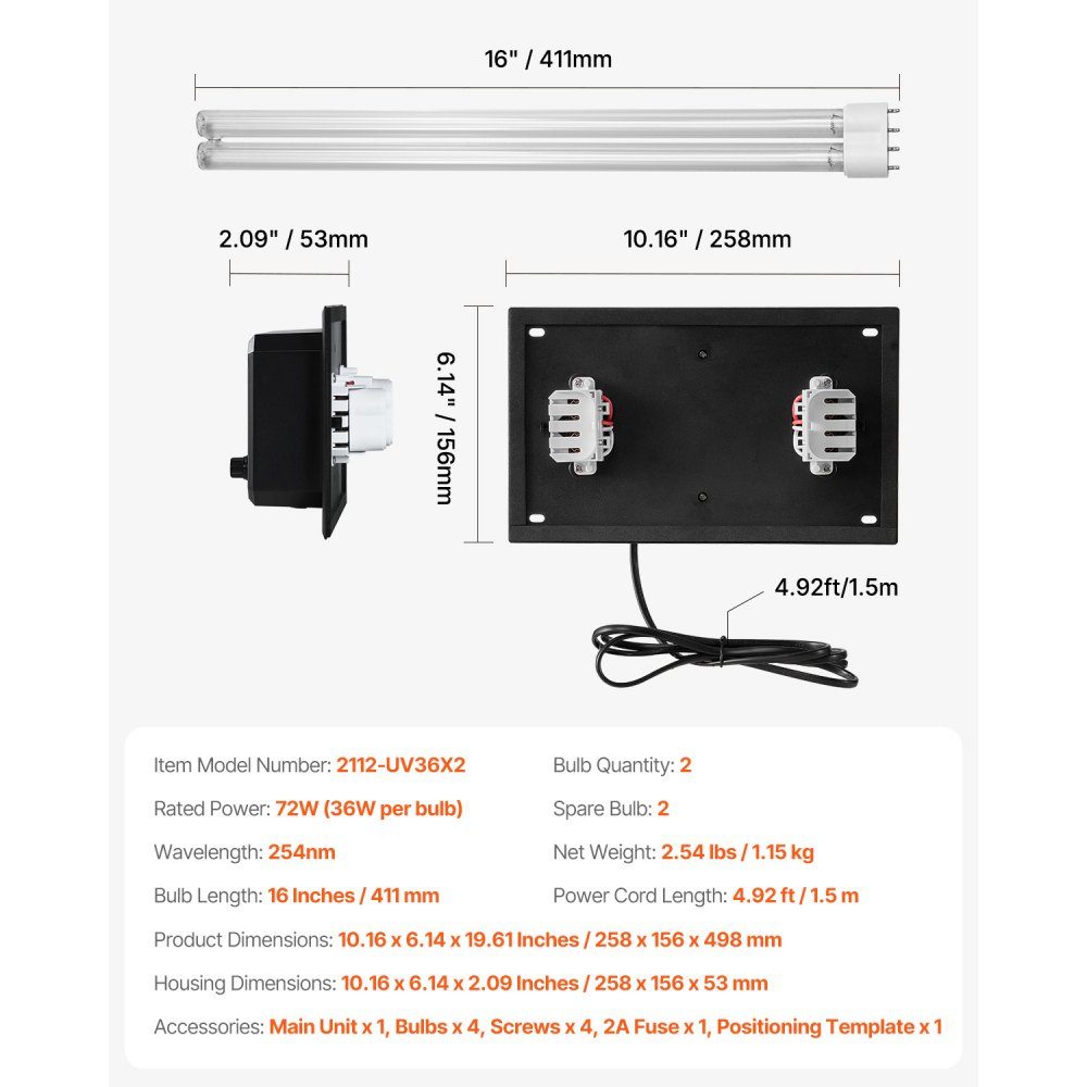 HVAC-Luftreiniger für das ganze Haus, 72 W, 258 mm, UV-UVC-Licht im Kanal für Klimaanlagenkanäle, Luftwäscher mit 2 Ersatzlampen, HVAC-UV-Lampen, Luftreiniger für Klimaanlagen