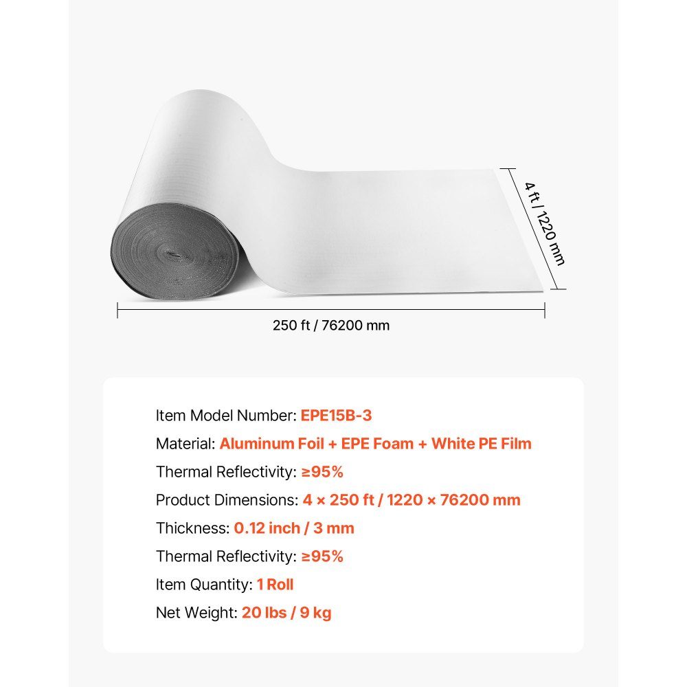 Insulation Film Reflective Film with EPE Foam Core 3mm Insulation Film 122cm x 76.2m Aluminum Foil + PE Film Heat Reflective Protection Thermal Insulation Roll Garage Doors Windows Motorhome Roofs