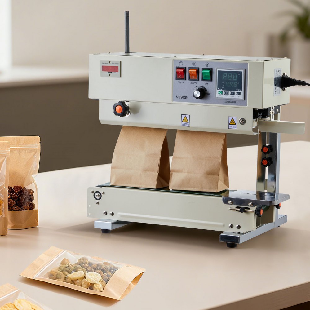 Continu sealmachine, 6-12 mm sealbreedte, verticaal, met roldruk, sealmachine temperatuur en snelheid instelbaar, geschikt voor plastic zakken van 0,03-0,8 mm Continu sealmachine, 6-12 mm sealbreedte, verticaal, met roldruk, sealmachine temperatuur en snelheid instelbaar, geschikt voor plastic zakken van 0,03-0,8 mm