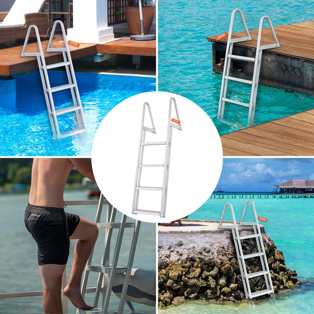 Dockleiter, 4 abnehmbare Stufen, Pontonleiter aus Aluminiumlegierung, rutschfestes Stufendesign, einfach zu installieren, geeignet für Boot/Meer/Pool/Ozean-Boarding