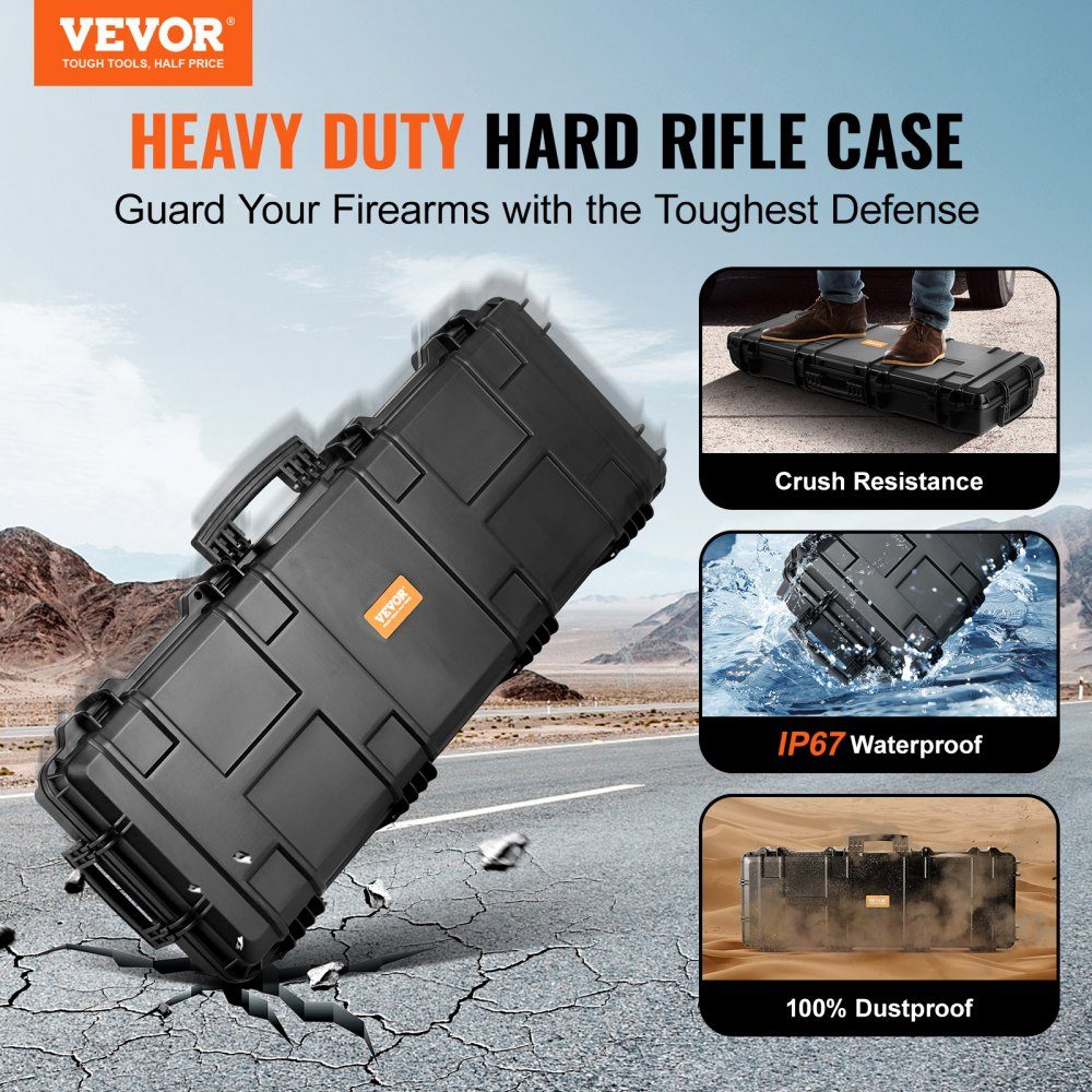 Rifle hard case with 3 layers of fully protective foam, lockable hard gun case, waterproof & rollable long gun case, for 109 cm rifles or shotguns