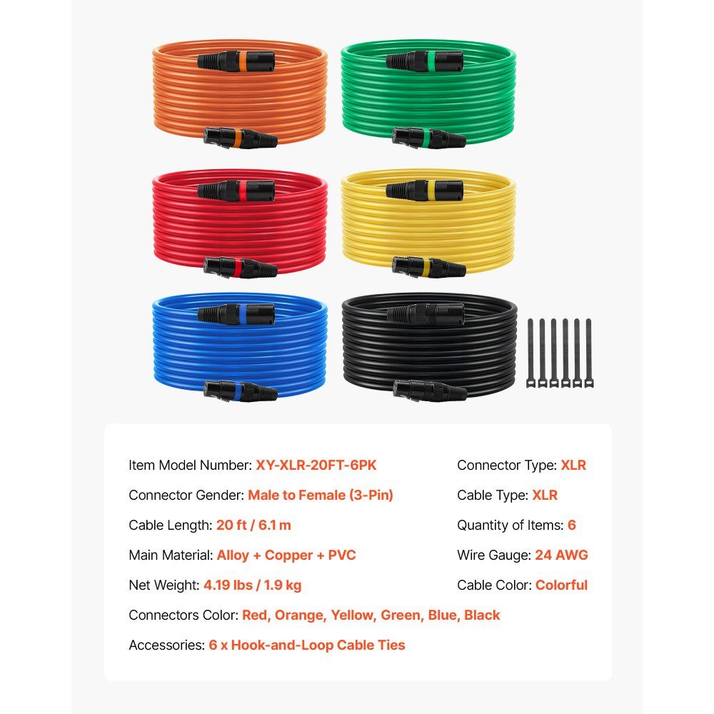 XLR-Kabel, 6 m, 6 Stück, symmetrische DMX-Mikrofonkabel (männlich auf weiblich), vergoldete 3-polige XLR-Mikrofon-Lautsprecherkabel für Bühnenbeleuchtung, Mikrofone, Verstärker, Mixer