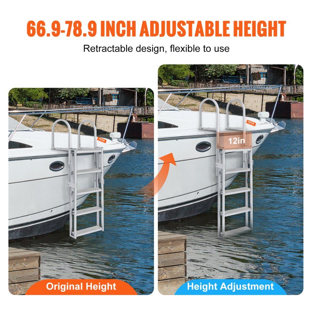 Dockleiter, 5 einziehbare Stufen, 159 kg Tragkraft, Ponton-Bootsleiter aus Aluminiumlegierung mit 1700–2005 mm verstellbarer Höhe, 10 cm breite Stufe zum Einsteigen in Schiffe/See/Pool/Marine