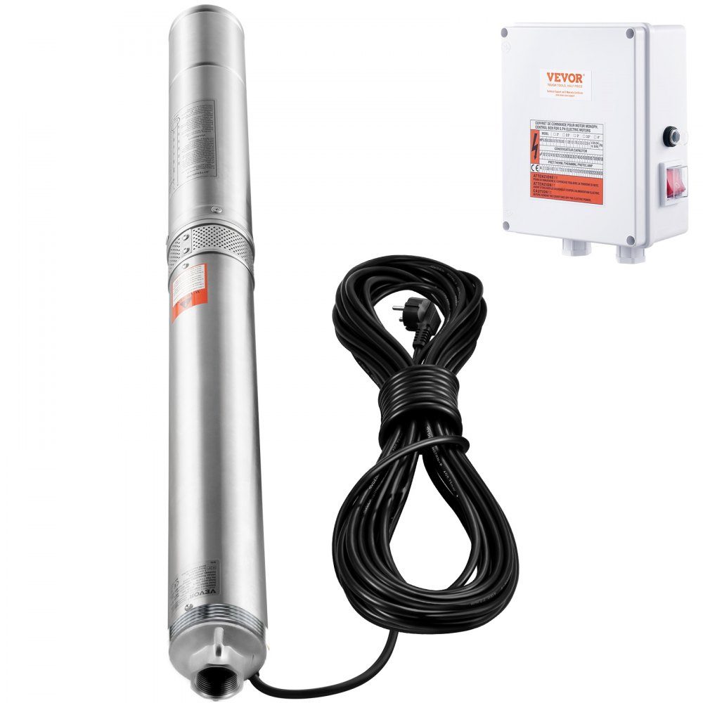 Diepe putdompelpomp, 2200 W, 230 V, 9,8 m3/u stroom, 144 m opvoerhoogte, met 19,4 m kabel en externe schakelkast, roestvrijstalen waterpompen voor industriële irrigatie en thuisgebruik, IP68 waterdicht