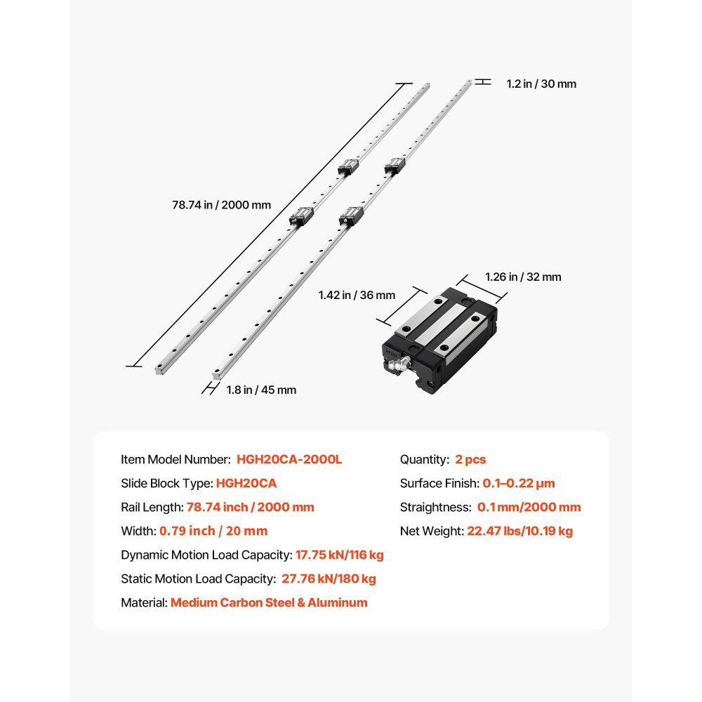 Lineaire geleidingen, HGR20, 2 stuks 2000 mm lineaire geleidingen en 4 stuks schuifblokken, roestvrije en hoge precisie set, voor doe-het-zelf, CNC-frezen, draaibanken, freesmachines, 3D-printers