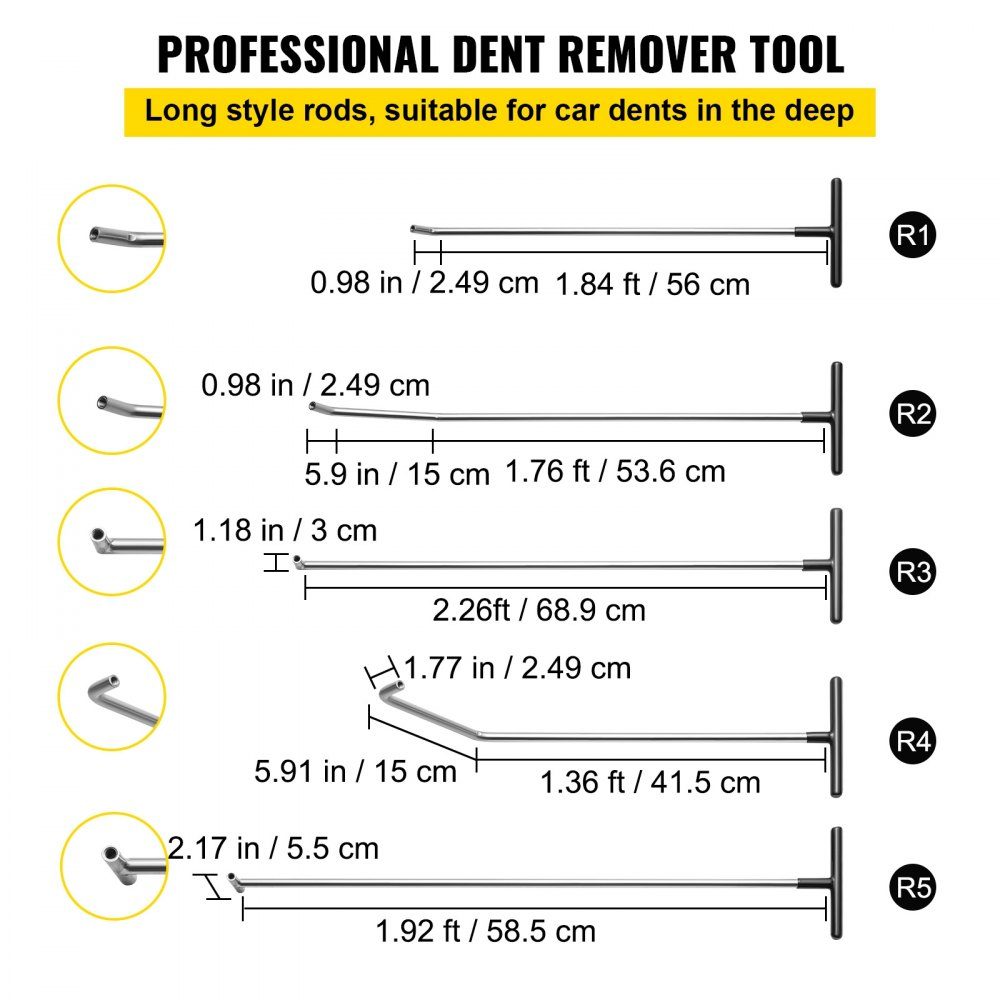 Dent Removal Kit with Bars, 13 Piece Paintless Dent Repair Tool, 5 Stainless Steel Dent Bars, 8 Tap Heads, Professional Hail Dent Removal Tool