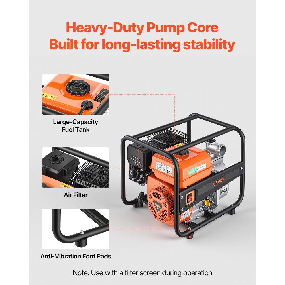 Pompe à eau essence 158 GPM, pompe à eau sale de 2 pouces, pompe à moteur de 7 HP portable avec tuyau de livraison de 25 pieds et pompe de distribution d'eau à turbine en fonte pour l'irrigation, le drainage, les chantiers de construction, les étangs