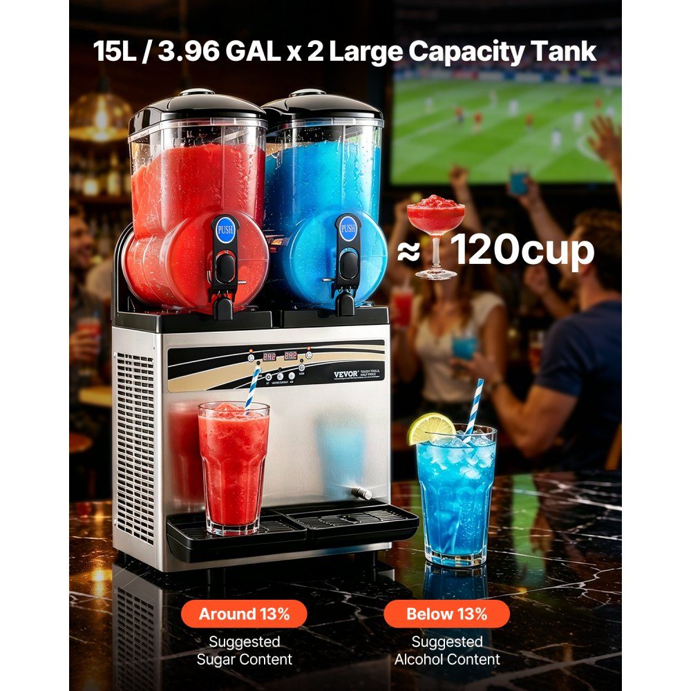 Commercial Frozen Drink Maker, 15L x 2 Slush Machine with Two Tanks, 120 Cup Stainless Steel Margarita Smoothie Machine, Slush Maker for Home Party, Restaurants, Cafes, Bars