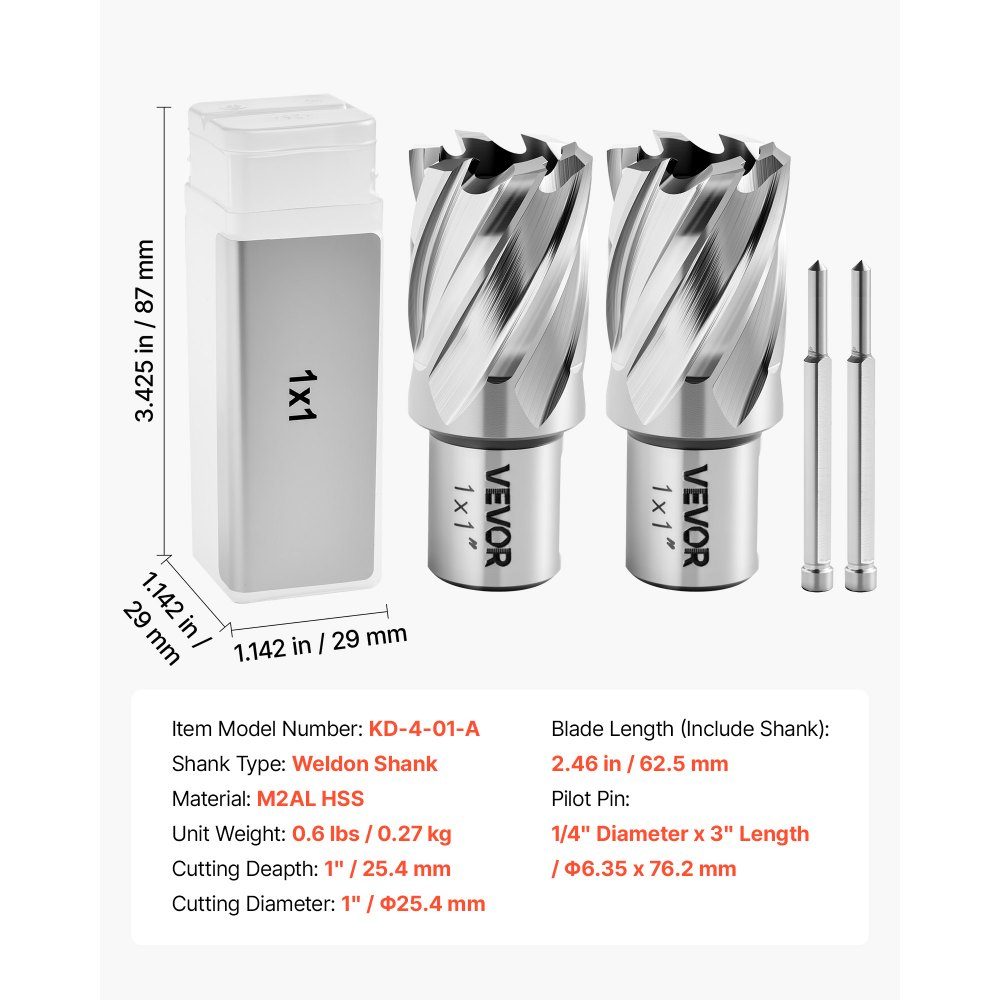 Carottier HSS Arbre Weldon 4 pièces. Foret magnétique diamètre de coupe 25,4 mm, 2 forets avec 2 goupilles de centrage, profondeur de coupe 25,4 mm, 2 coffrets en plastique, pour forets magnétiques, acier, aluminium