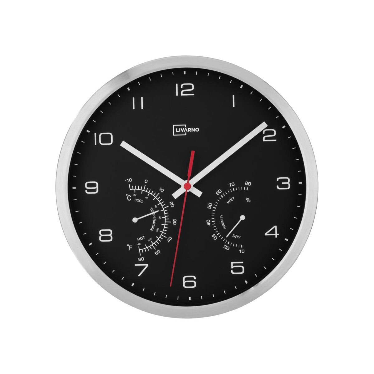 LIVARNO HOME Funk-Wanduhr aus Aluminium mit Thermometer und Hygrometer