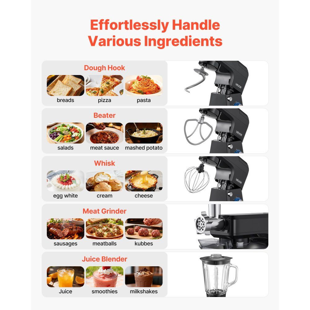 Robot culinaire électrique multifonction 1500 W avec bol en inox (7,8 l) et bol mélangeur (1,5 l), pétrin, pétrin à 6 vitesses + P, crochet pétrisseur, fouet et batteur