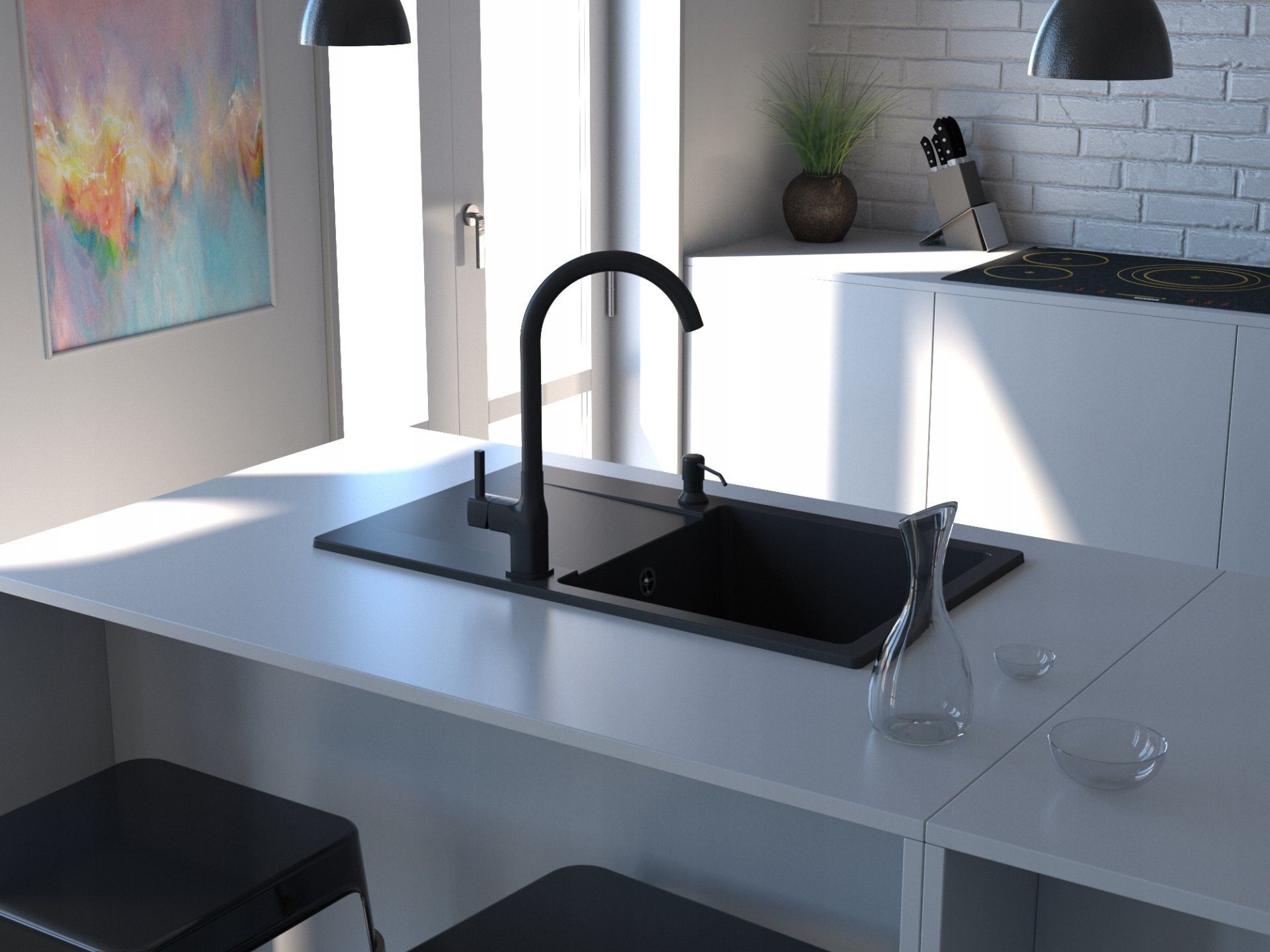 Granitspüle + Mischbatterie + Flüssigkeitsspender + Siphon schwarz XXL-Set
